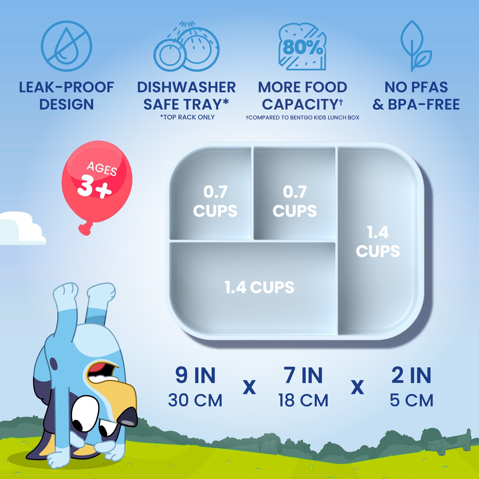 Bentgo + Bluey Kids Snap & Go Lunch Box - Play Day | Leak-Proof Design, Dishwasher Safe Tray (Top Rack Only), More Food Capacity, And No PFAs & BPA-Free | Product Dimensions