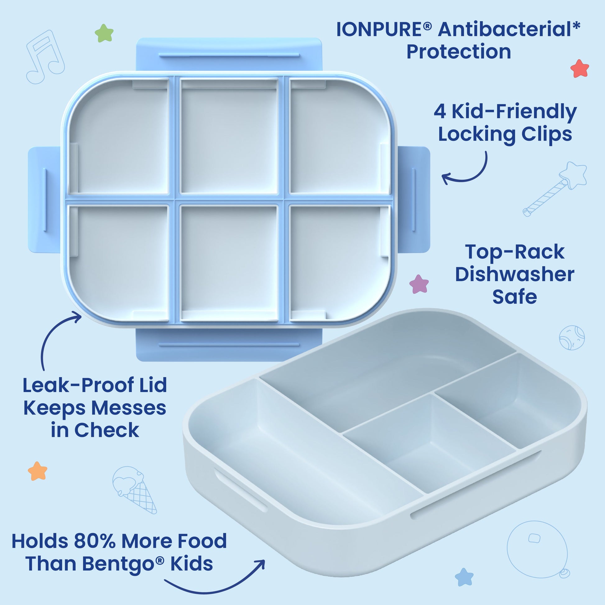 Bentgo + Bluey Kids Snap & Go Lunch Box - Play Day | IONPURE Antibacterial Protection, 4 Kid-Friendly Locking Clips, Top-Rack Dishwasher Safe, Leak-Proof Lid Keeps Messes In Check, And Holds 80% More Food Than Bentgo Kids