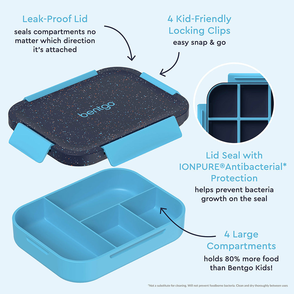 Bentgo® Kids Snap & Go Leak-Proof Lunch Box- Abyss Blue Speckle Confetti | Leak-Proof Lid - Seals Compartments No Matter Which Direction It’s Attached, 4 Kid-Friendly Locking Clips - Easy Snap & Go, Lid Seal With IONPURE Antibacterial Protections - Helps Prevent Bacteria Growth On The Seal, And 4 Large Compartments - Holds 80% More Food Than Bentgo Kids!