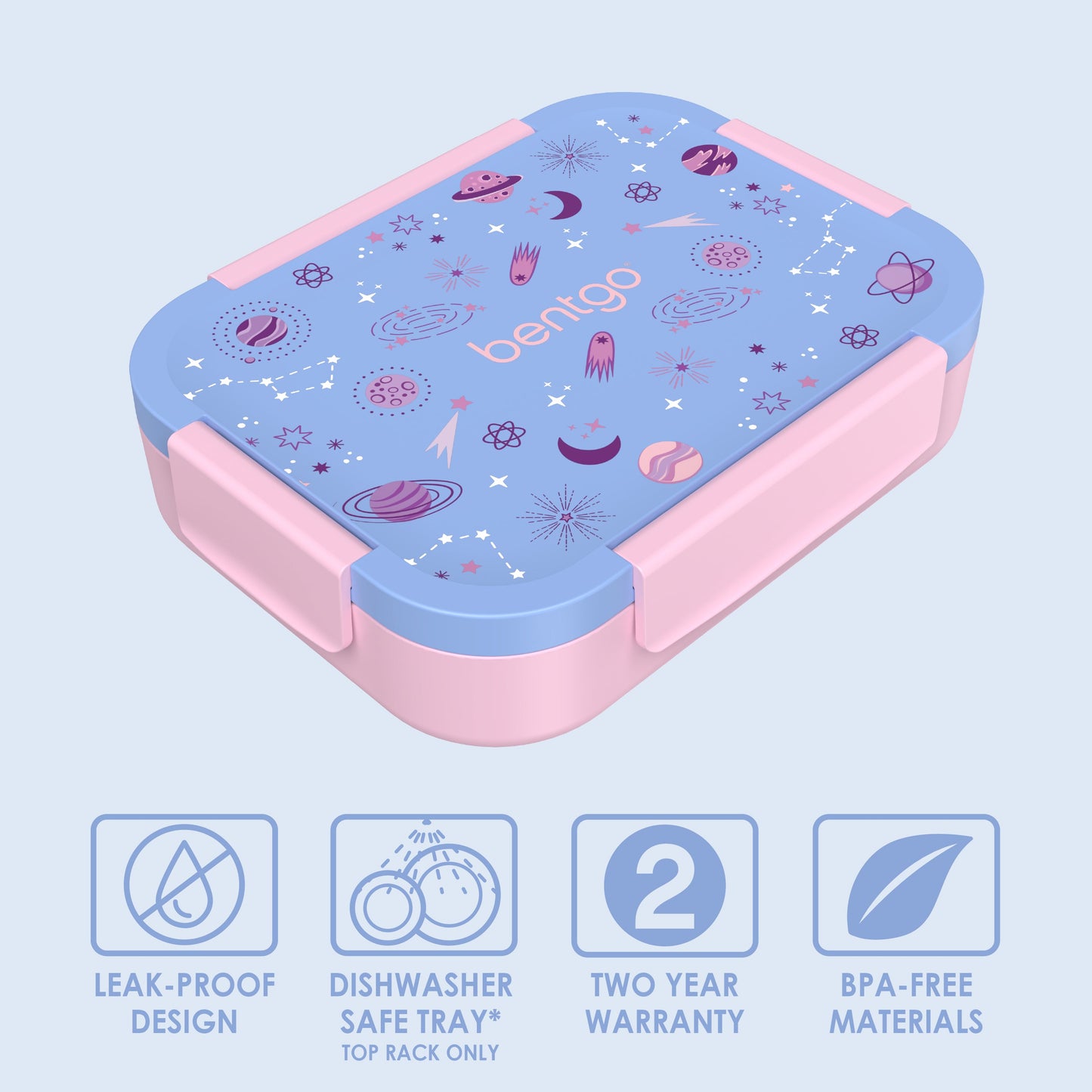 Bentgo® Kids Snap & Go Lunch Box - Lavender Galaxy | Leak-Proof Design, Dishwasher Safe Tray (Top Rack Only), Two Year Warranty, And BPA-Free Materials