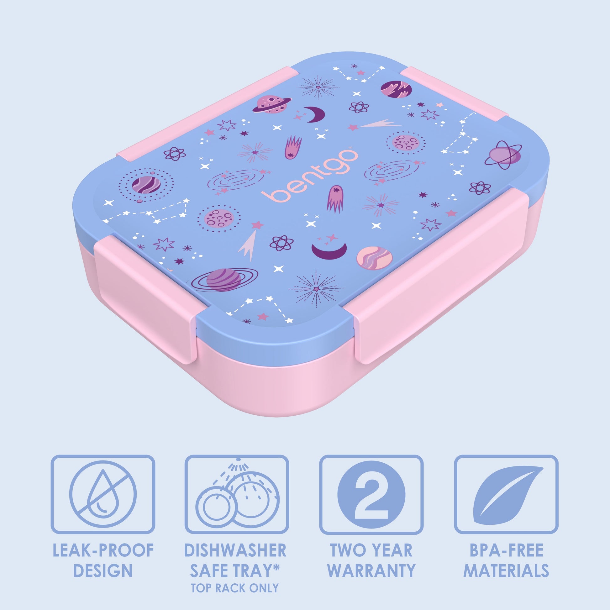 Bentgo® Kids Snap & Go Lunch Box - Lavender Galaxy | Leak-Proof Design, Dishwasher Safe Tray (Top Rack Only), Two Year Warranty, And BPA-Free Materials