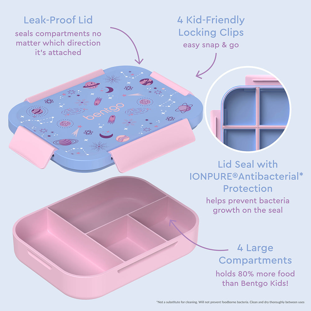 Bentgo® Kids Snap & Go Lunch Box - Lavender Galaxy | Leak-Proof Lid - Seals Compartments No Matter Which Direction It’s Attached, 4 Kid-Friendly Locking Clips - Easy Snap & Go, Lid Seal With IONPURE Antibacterial Protections - Helps Prevent Bacteria Growth On The Seal, And 4 Large Compartments - Holds 80% More Food Than Bentgo Kids!