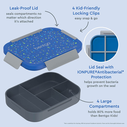 Bentgo® Kids Snap & Go Lunch Box - Geo Speckle Blue | Leak-Proof Lid - Seals Compartments No Matter Which Direction It’s Attached, 4 Kid-Friendly Locking Clips - Easy Snap & Go, Lid Seal With IONPURE Antibacterial Protections - Helps Prevent Bacteria Growth On The Seal, And 4 Large Compartments - Holds 80% More Food Than Bentgo Kids!