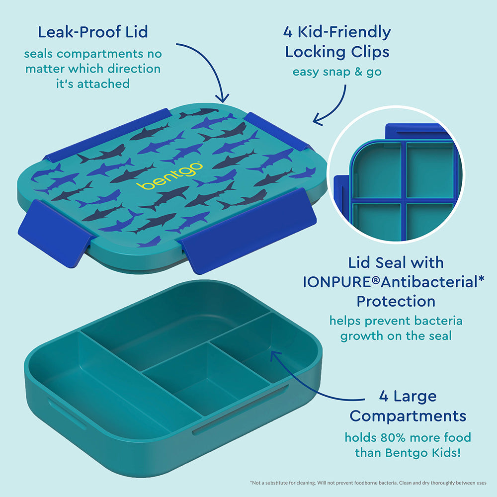 Bentgo® Kids Snap & Go Lunch Box | Sharks - Our Lunch Box Features A Leak-Proof Lid, Kid-Friendly Locking Clips, and 4 Large Compartments