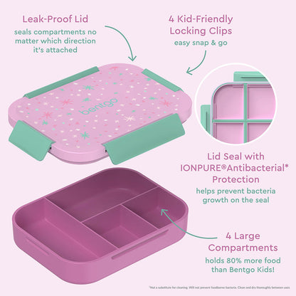 Bentgo® Kids Snap & Go Lunch Box - Starry Sprinkle Pink | Leak-Proof Lid - Seals Compartments No Matter Which Direction It’s Attached, 4 Kid-Friendly Locking Clips - Easy Snap & Go, Lid Seal With IONPURE Antibacterial Protections - Helps Prevent Bacteria Growth On The Seal, And 4 Large Compartments - Holds 80% More Food Than Bentgo Kids!