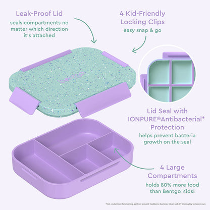 Bentgo® Kids Snap & Go Lunch Box - Vivid Orchid Speckle | Leak-Proof Lid - Seals Compartments No Matter Which Direction It’s Attached, 4 Kid-Friendly Locking Clips - Easy Snap & Go, Lid Seal With IONPURE Antibacterial Protections - Helps Prevent Bacteria Growth On The Seal, And 4 Large Compartments - Holds 80% More Food Than Bentgo Kids!