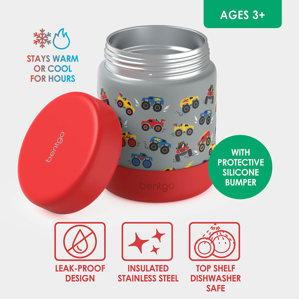 Bentgo® Kids Stainless Steel Food Jar - Trucks | Stainless Steel Food Jar Features Leak-Proof Design With Protective Silicone Bumper