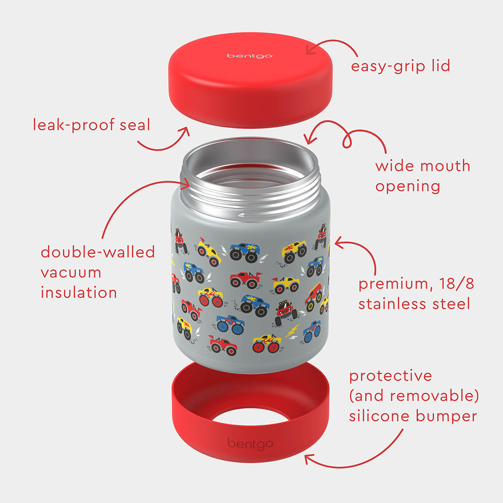 Bentgo® Kids Stainless Steel Food Jar - Trucks | Stainless Steel Food Jar Features Leak-Proof Seal, Easy-Grip Lid, Wide Mouth Opening, And Much More