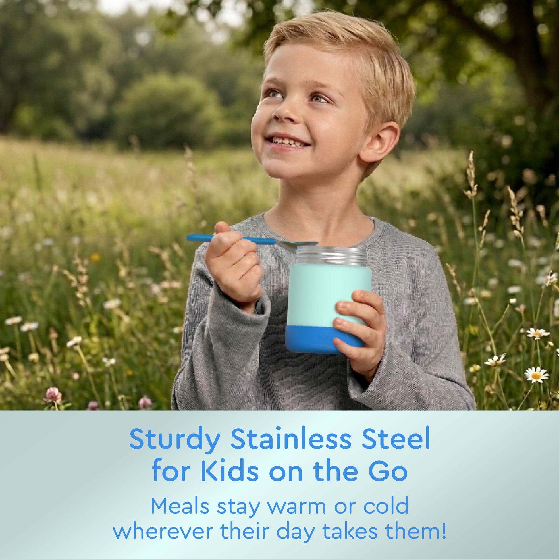 Bentgo® Kids Stainless Steel Food Jar - Blue | Sturdy Stainless Steel For Kids On The Go - Meals Stay Warm Or Cold Wherever Their Day Takes Them!
