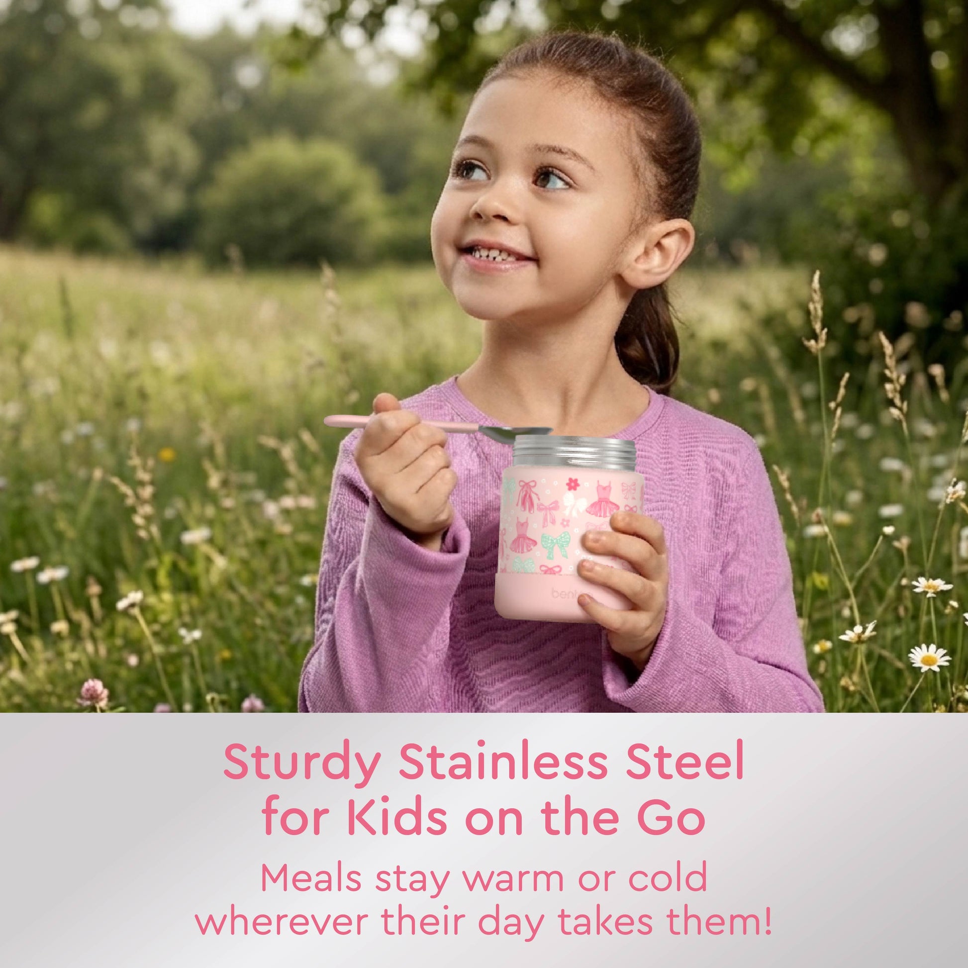 Bentgo® Kids Stainless Steel Food Jar - Ballet and Bows | Sturdy Stainless Steel For Kids On The Go - Meals Stay Warm Or Cold Wherever Their Day Takes Them!