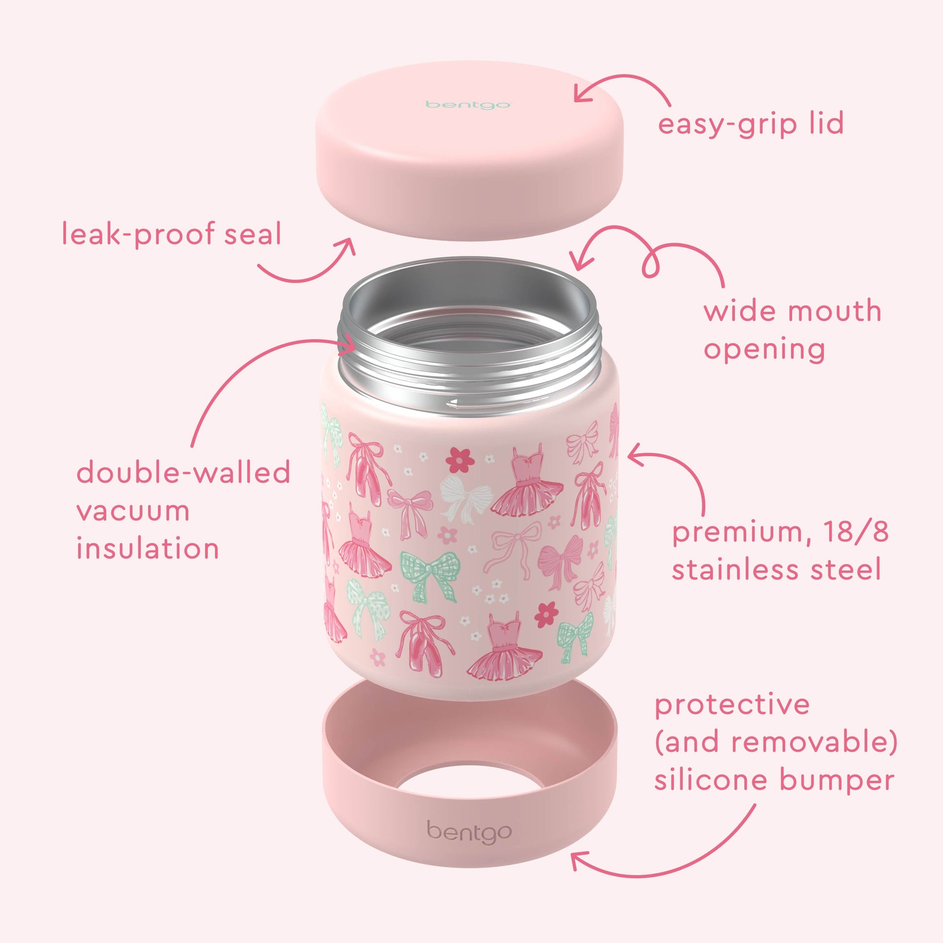 Bentgo® Kids Stainless Steel Food Jar - Ballet and Bows | Stainless Steel Food Jar Features Leak-Proof Seal, Easy-Grip Lid, Wide Mouth Opening, And Much More