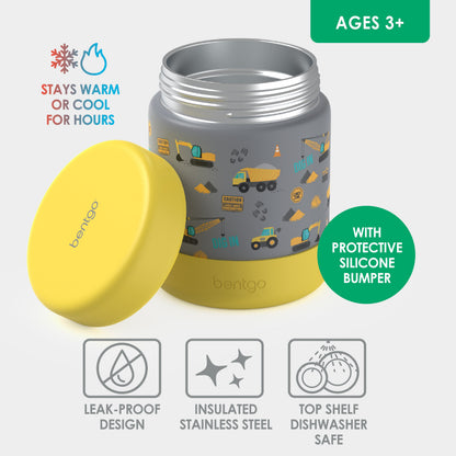 Bentgo® Kids Stainless Steel Food Jar - Construction Trucks | Stainless Steel Food Jar Features Leak-Proof Design With Protective Silicone Bumper