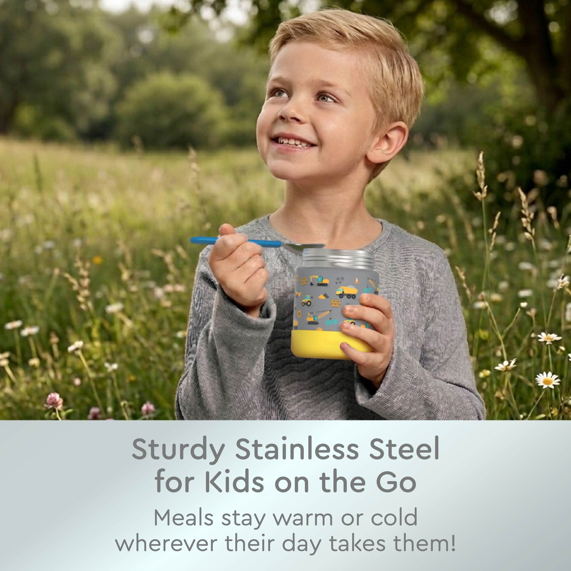 Bentgo® Kids Stainless Steel Food Jar - Construction Trucks | Sturdy Stainless Steel For Kids On The Go - Meals Stay Warm Or Cold Wherever Their Day Takes Them!