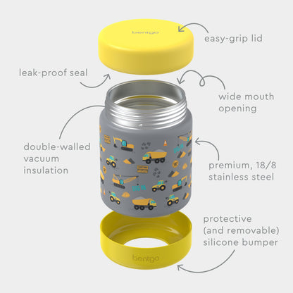 Bentgo® Kids Stainless Steel Food Jar - Construction Trucks | Stainless Steel Food Jar Features Leak-Proof Seal, Easy-Grip Lid, Wide Mouth Opening, And Much More