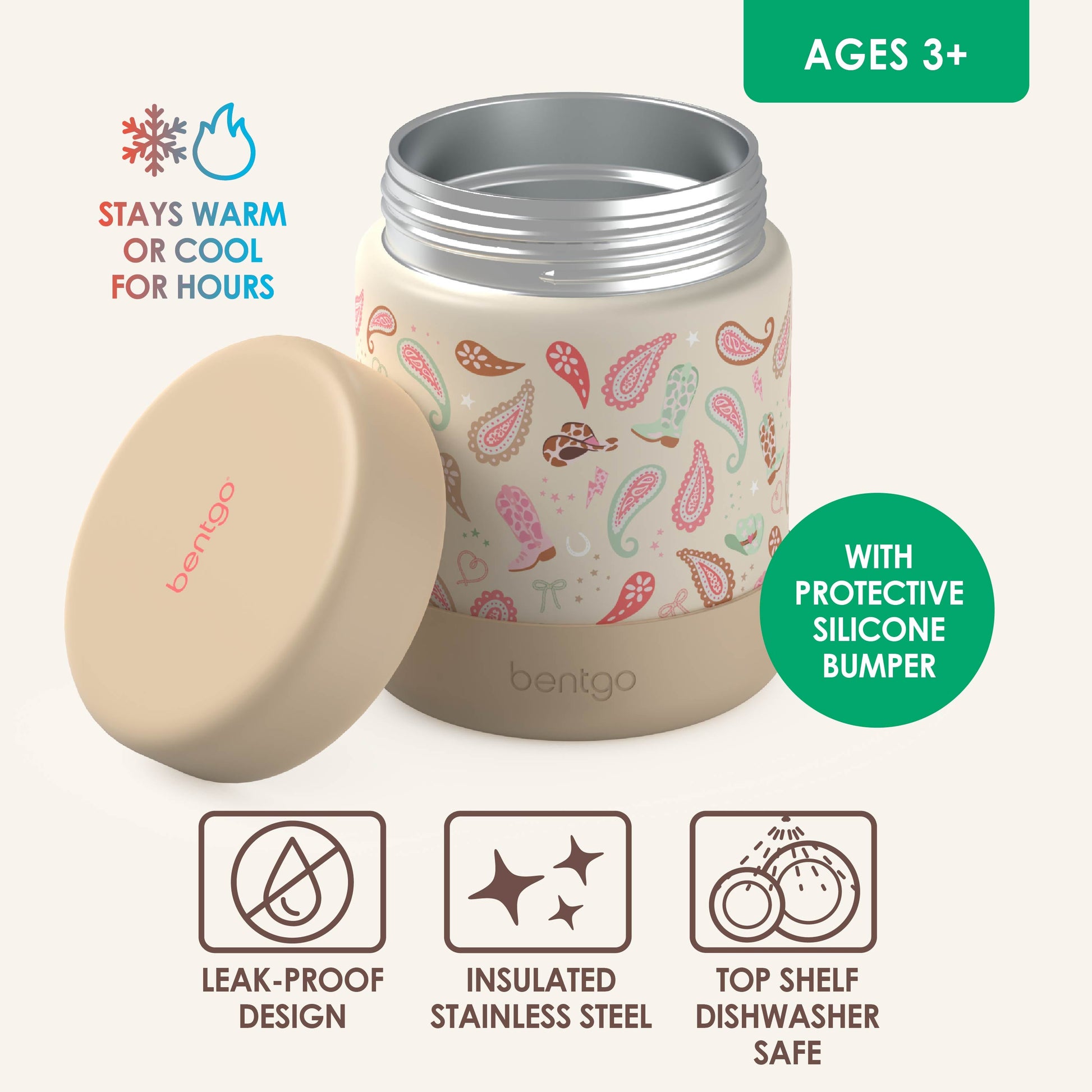 Bentgo® Kids Stainless Steel Food Jar - Cowgirl Dreams | Stainless Steel Food Jar Features Leak-Proof Design With Protective Silicone Bumper