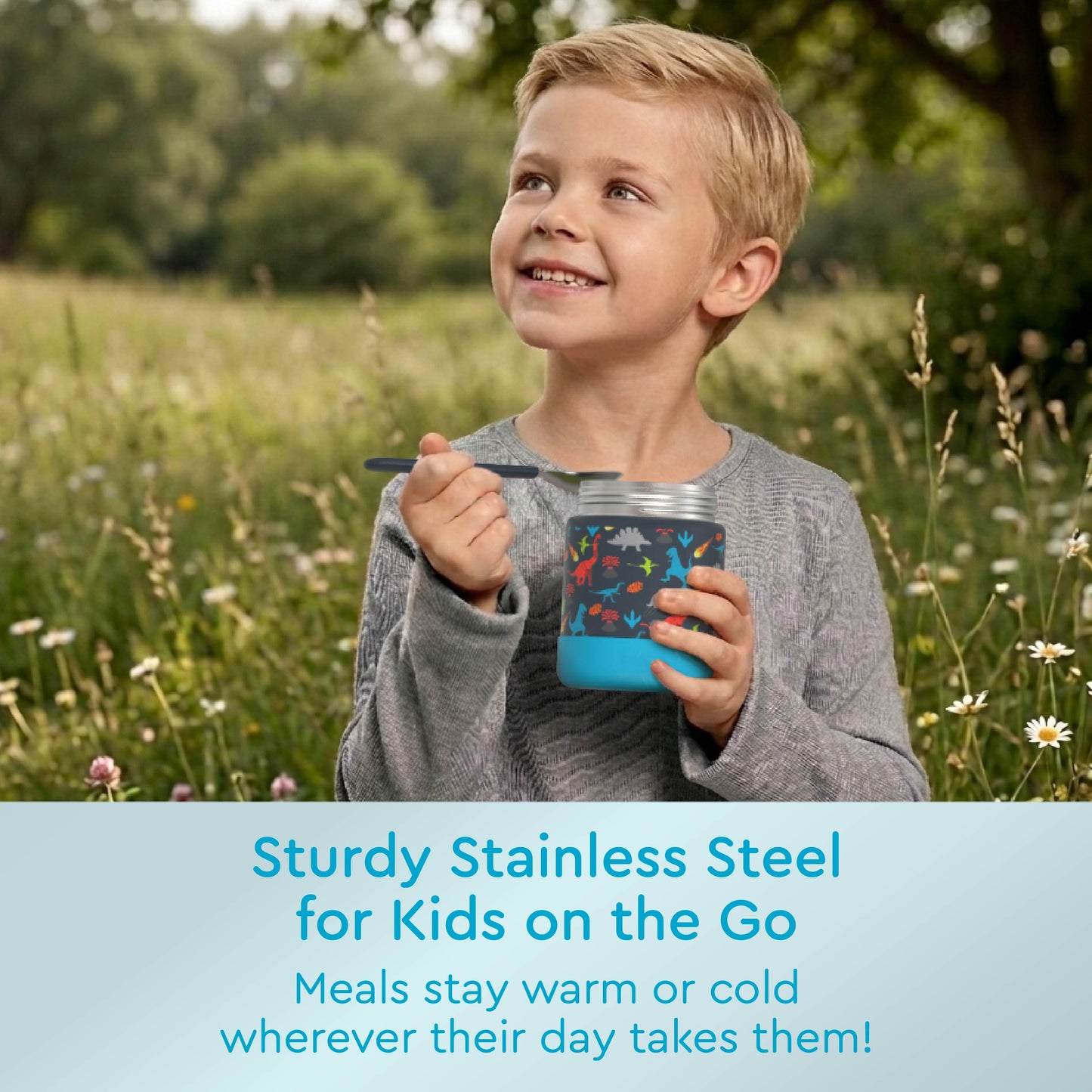Bentgo® Kids Stainless Steel Food Jar - Dinosaur | Sturdy Stainless Steel For Kids On The Go - Meals Stay Warm Or Cold Wherever Their Day Takes Them!
