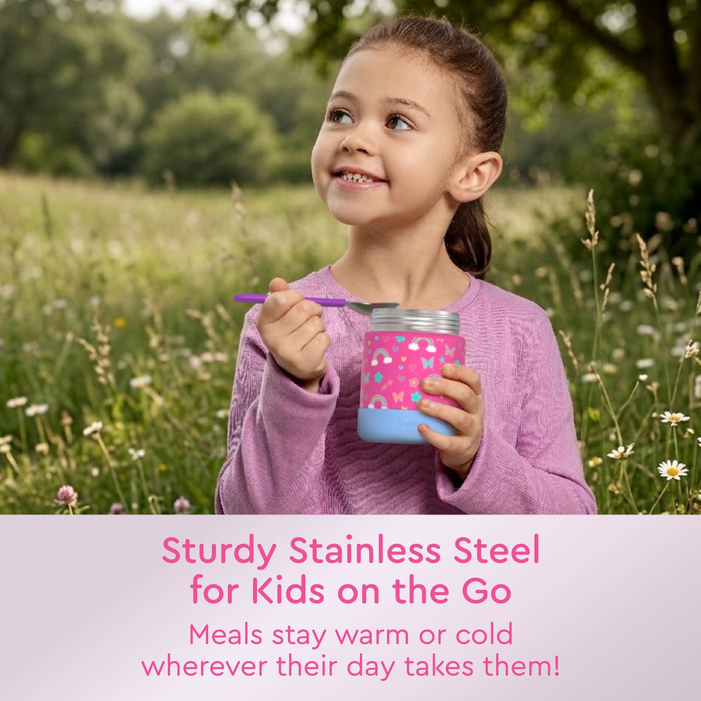 Bentgo® Kids Stainless Steel Food Jar - Rainbows and Butterflies | Sturdy Stainless Steel For Kids On The Go - Meals Stay Warm Or Cold Wherever Their Day Takes Them!