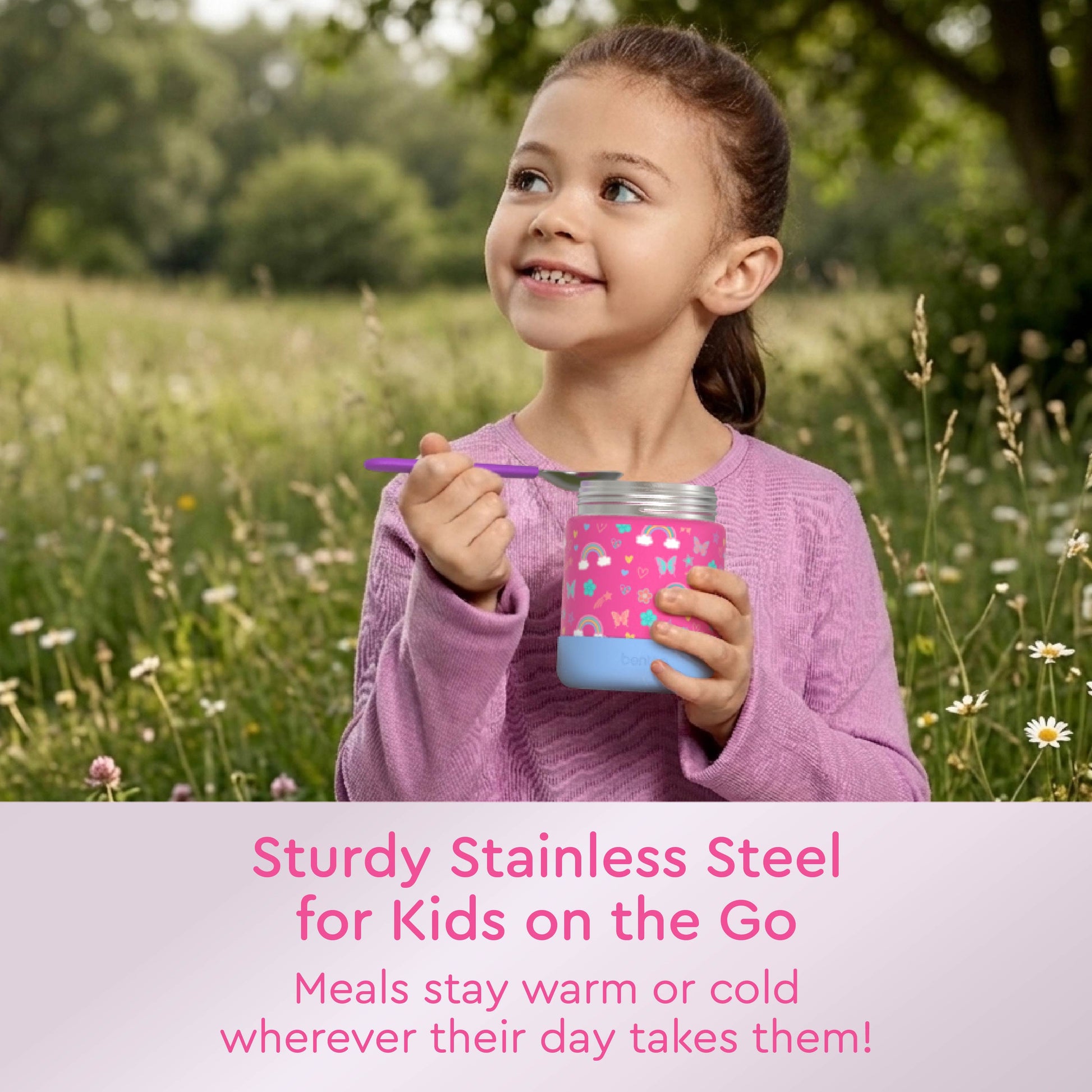 Bentgo® Kids Stainless Steel Food Jar - Rainbows and Butterflies | Sturdy Stainless Steel For Kids On The Go - Meals Stay Warm Or Cold Wherever Their Day Takes Them!
