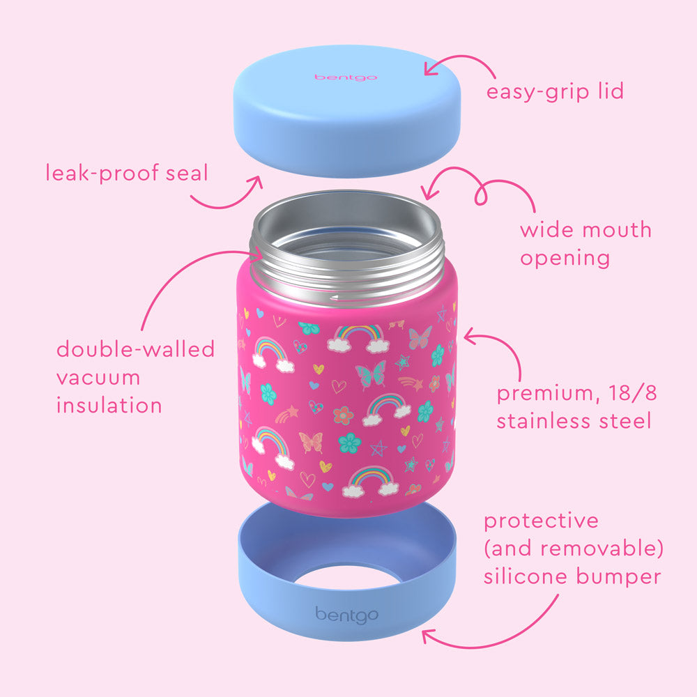 Bentgo® Kids Stainless Steel Food Jar - Rainbows and Butterflies | Stainless Steel Food Jar Features Leak-Proof Seal, Easy-Grip Lid, Wide Mouth Opening, And Much More