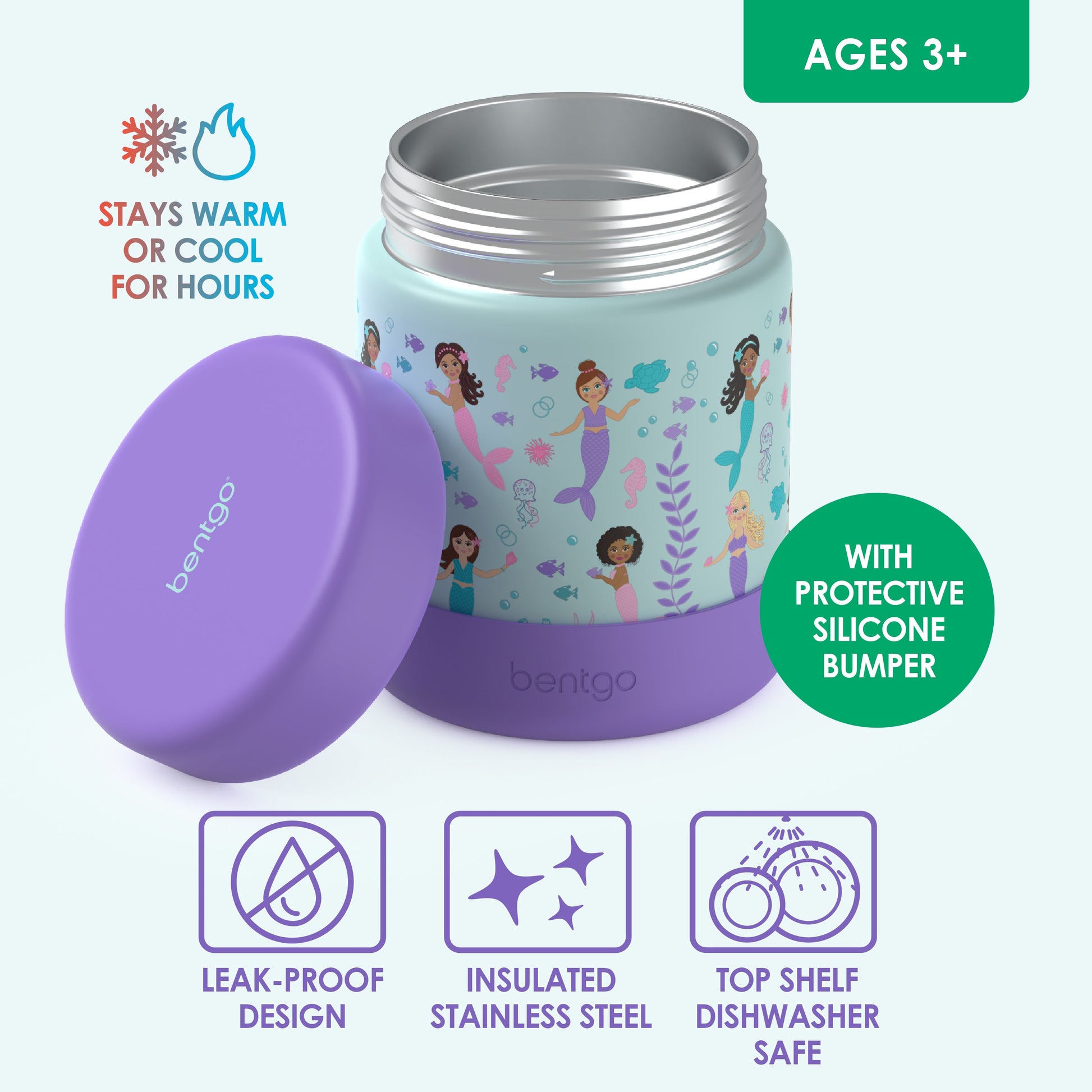 Bentgo® Kids Stainless Steel Food Jar - Mermaids in the Sea | Stainless Steel Food Jar Features Leak-Proof Design With Protective Silicone Bumper