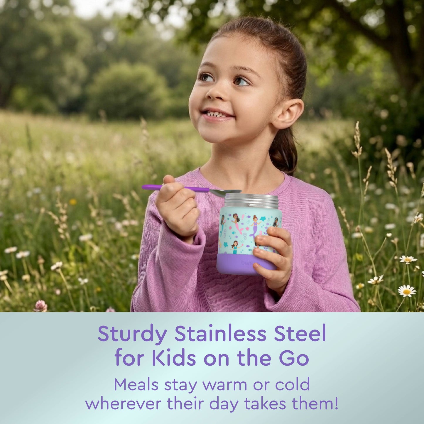 Bentgo® Kids Stainless Steel Food Jar - Mermaids in the Sea | Sturdy Stainless Steel For Kids On The Go - Meals Stay Warm Or Cold Wherever Their Day Takes Them!