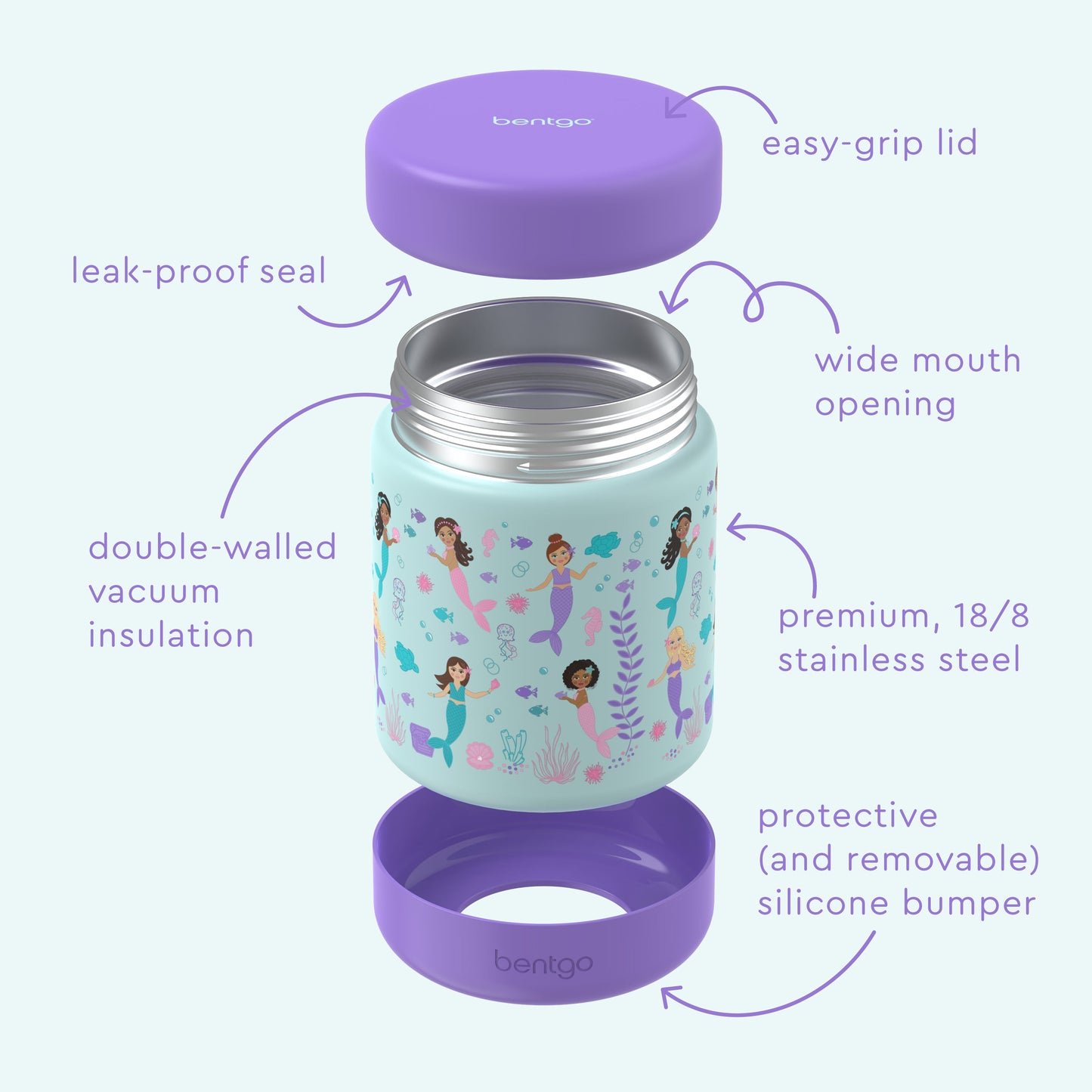 Bentgo® Kids Stainless Steel Food Jar - Mermaids in the Sea | Stainless Steel Food Jar Features Leak-Proof Seal, Easy-Grip Lid, Wide Mouth Opening, And Much More