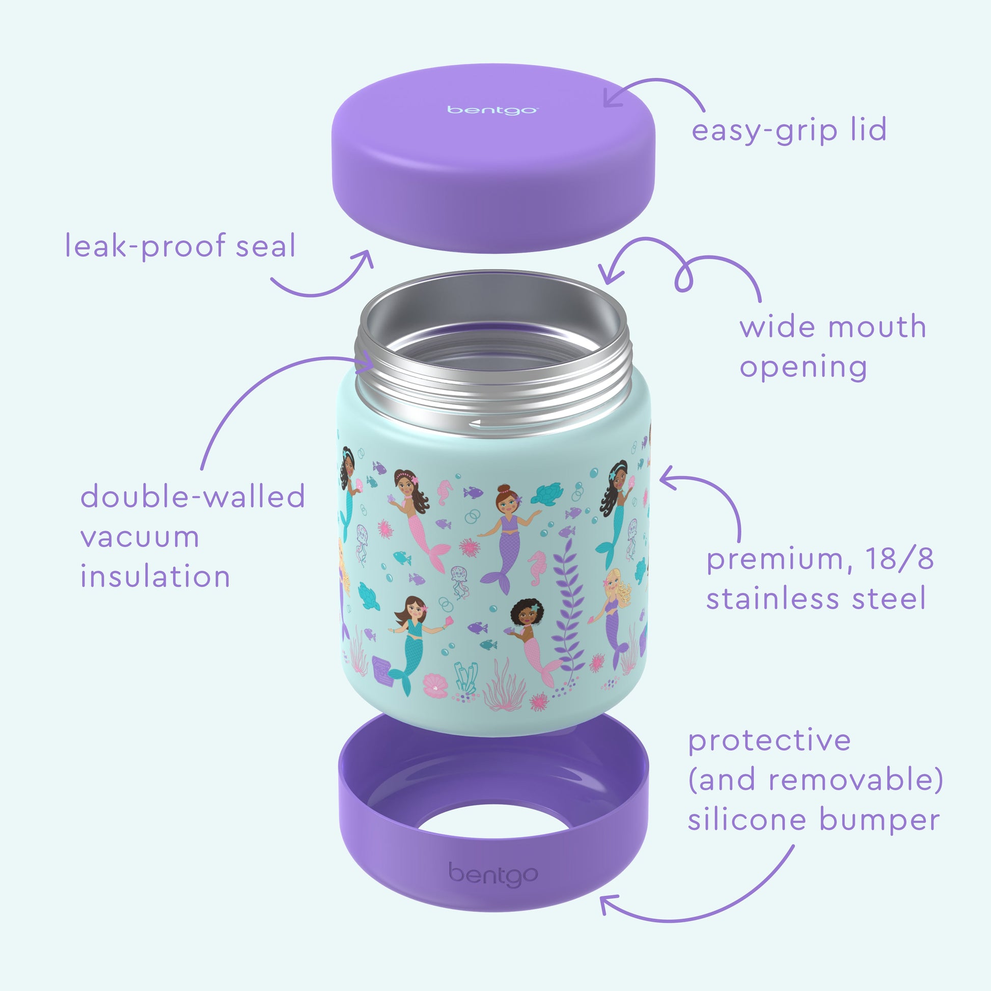 Bentgo® Kids Stainless Steel Food Jar - Mermaids in the Sea | Stainless Steel Food Jar Features Leak-Proof Seal, Easy-Grip Lid, Wide Mouth Opening, And Much More
