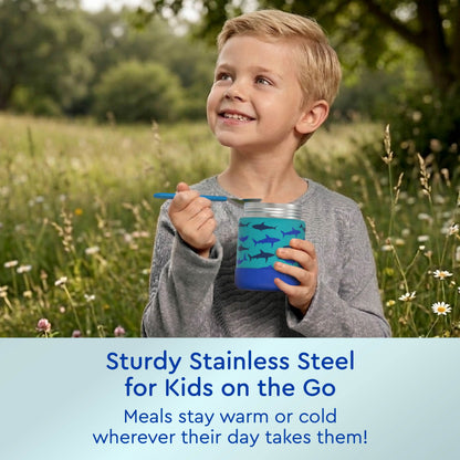 Bentgo® Kids Stainless Steel Food Jar - Sharks | Sturdy Stainless Steel For Kids On The Go - Meals Stay Warm Or Cold Wherever Their Day Takes Them!