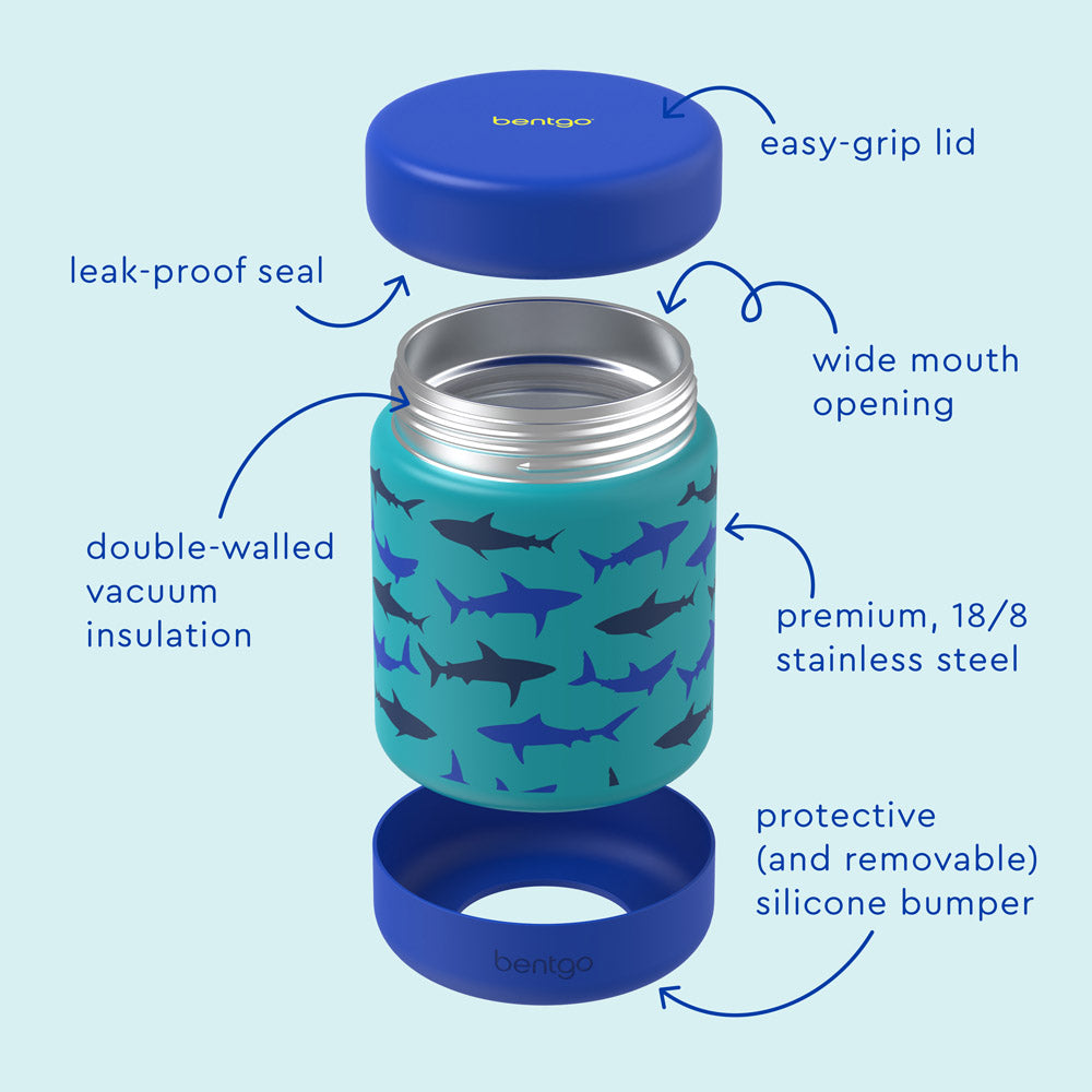 Bentgo® Kids Stainless Steel Food Jar - Sharks | Stainless Steel Food Jar Features Leak-Proof Seal, Easy-Grip Lid, Wide Mouth Opening, And Much More
