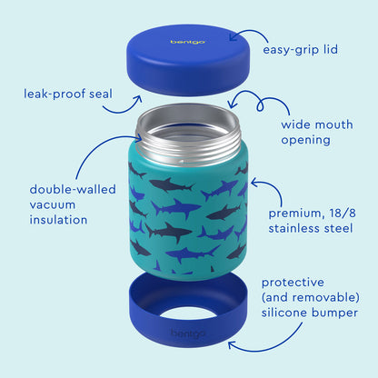 Bentgo® Kids Stainless Steel Food Jar - Sharks | Stainless Steel Food Jar Features Leak-Proof Seal, Easy-Grip Lid, Wide Mouth Opening, And Much More
