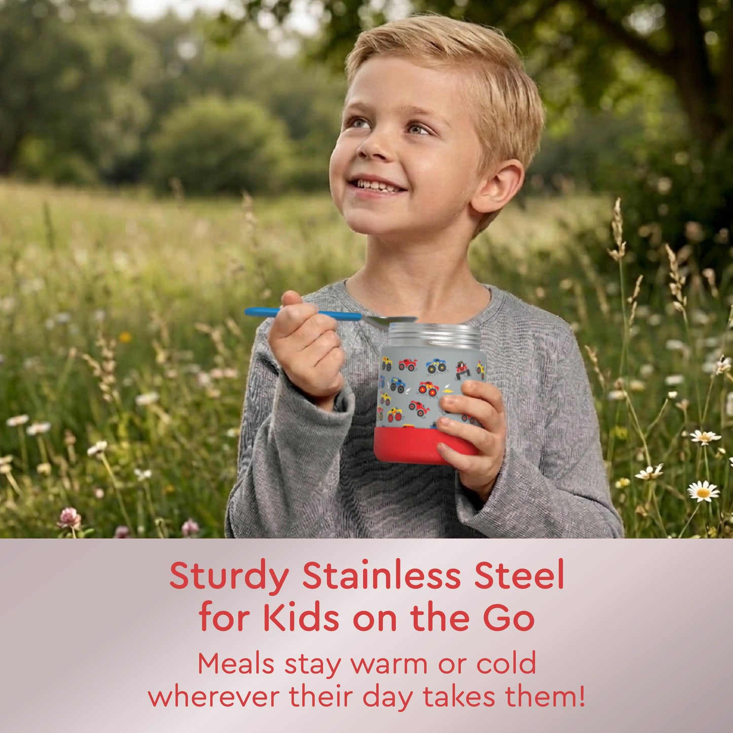 Bentgo® Kids Stainless Steel Food Jar - Trucks | Sturdy Stainless Steel For Kids On The Go - Meals Stay Warm Or Cold Wherever Their Day Takes Them!