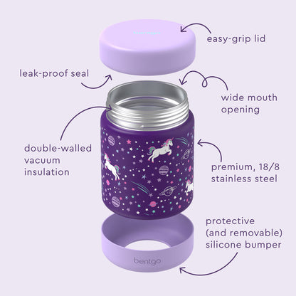 Bentgo® Kids Stainless Steel Food Jar - Unicorn | Stainless Steel Food Jar Features Leak-Proof Seal, Easy-Grip Lid, Wide Mouth Opening, And Much More