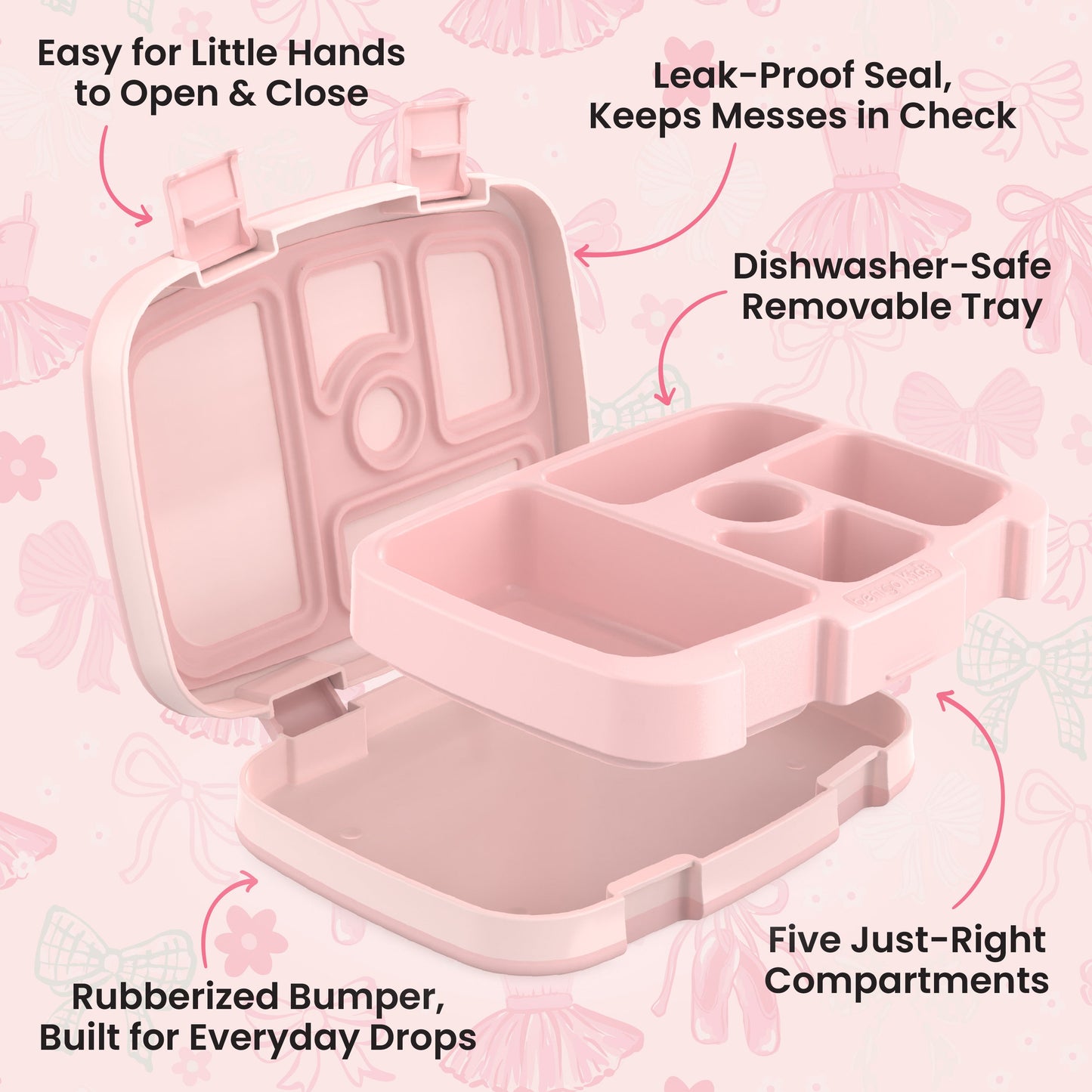 Bentgo Kids Prints Lunch Box - Ballet and Bows | Easy For Little Hands To Open & Close, Leak-Proof Seal, Keeps Messes In Check, Dishwasher-Safe Removable Tray, Rubberized Bumper, Built For Everyday Drops, And Five Just-Right Compartments