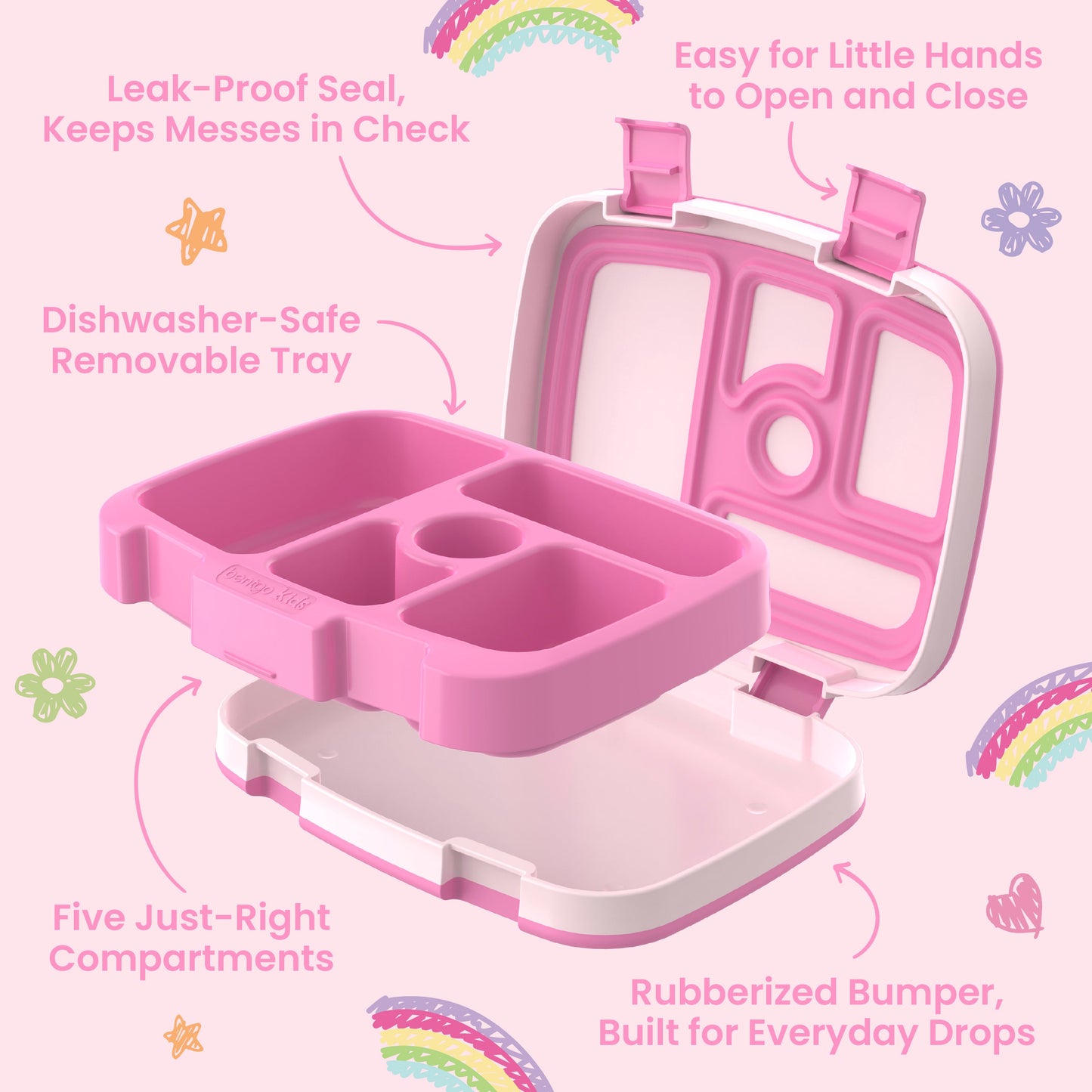 Bentgo + Bluey Kids Prints Lunch Box - Hearts & Crafts | Leak-Proof Seal, Keeps Messes In Check, Easy For Little Hands To Open And Close, Dishwasher-Safe Removable Tray, Five Just-Right Compartments, And Rubberized Bumper, Built For Everyday Drops