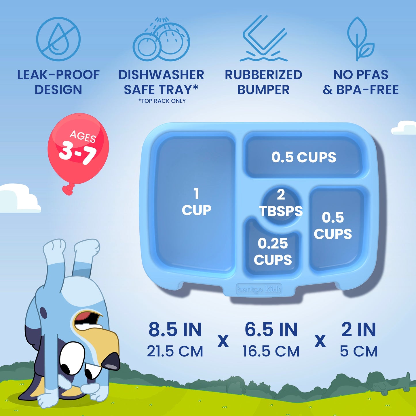 Bentgo + Bluey Kids Prints Lunch Box - Play Day | Leak-Proof Design, Dishwasher Safe Tray, Rubberized Bumper, No PFAs & BPA-Free - Product Dimensions