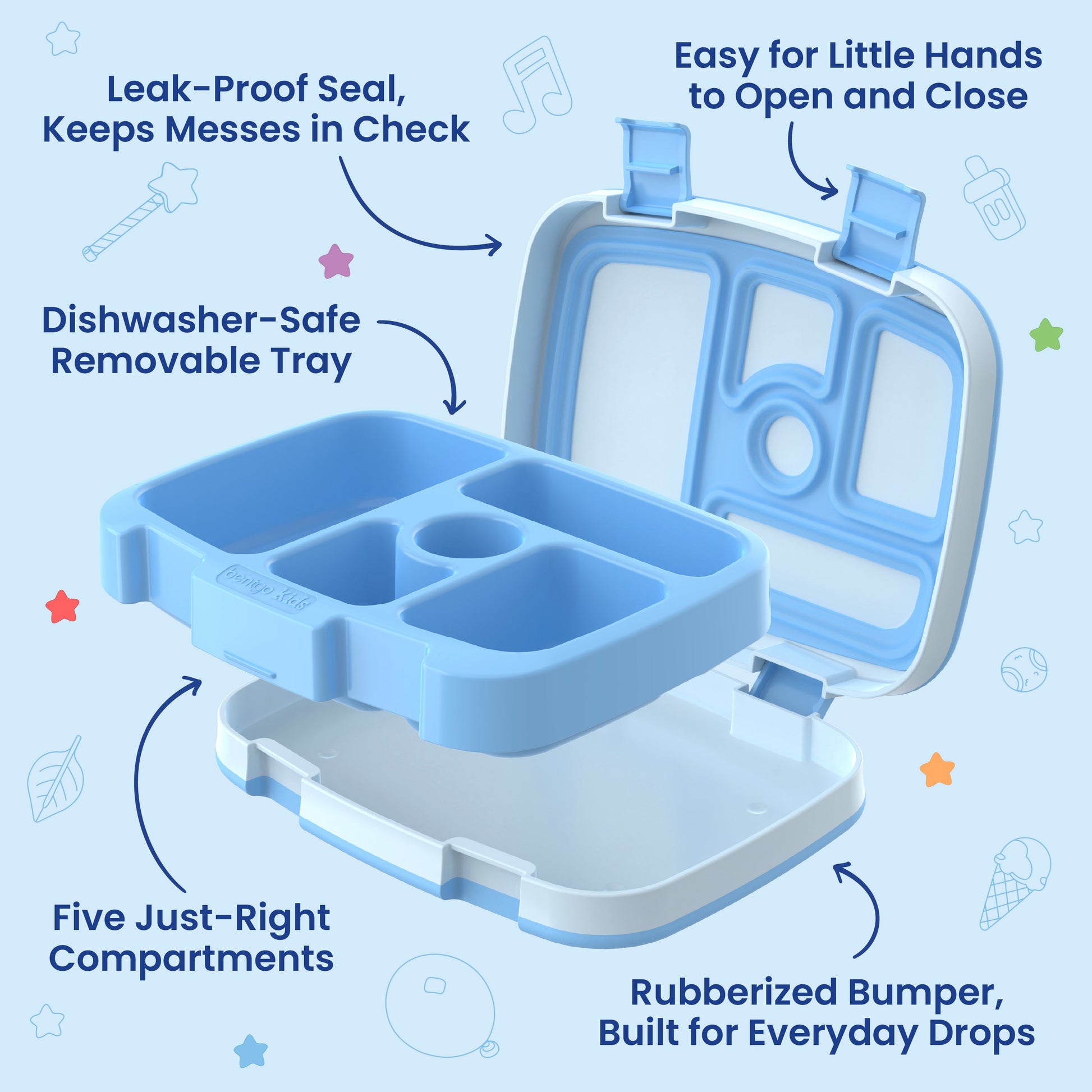 Bentgo + Bluey Kids Prints Lunch Box - Play Day | Leak-Proof Seal, Keeps Messes In Check, Easy For Little Hands To Open And Close, Dishwasher-Safe Removable Tray, Five Just-Right Compartments, And Rubberized Bumper, Built For Everyday Drops
