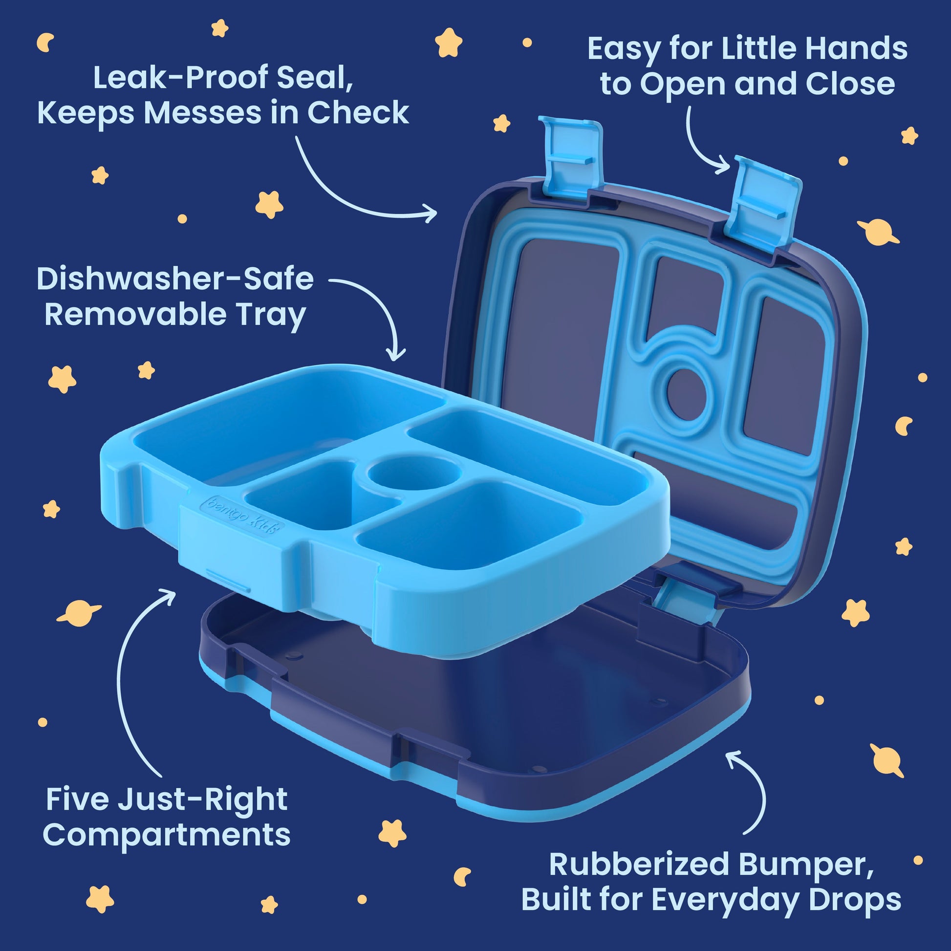 Bentgo + Bluey Kids Prints Lunch Box - Bluey’s Universe | Leak-Proof Seal, Keeps Messes In Check, Easy For Little Hands To Open And Close, Dishwasher-Safe Removable Tray, Five Just-Right Compartments, And Rubberized Bumper, Built For Everyday Drops