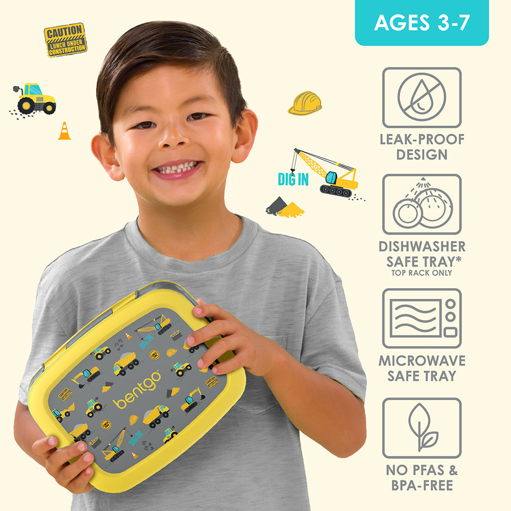 Bentgo Kids Prints Lunch Box - Construction Trucks | Leak-Proof Design, Dishwasher Safe Tray (Top Rack Only), Microwave Safe Tray And No PFAS & BPA-Free