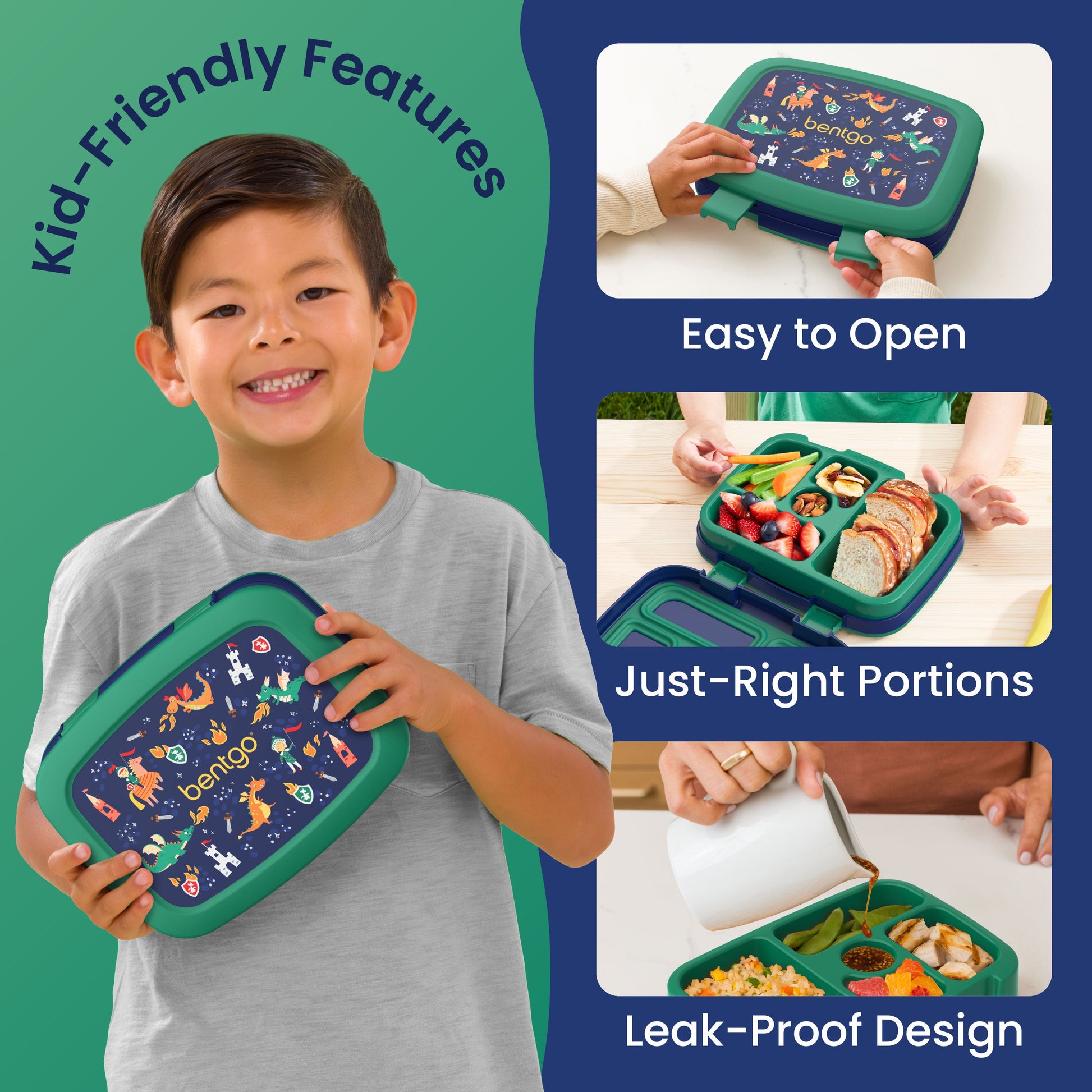 Bentgo Kids Prints Lunch Box - Dragons and Knights | Kid-Friendly Features - Easy To Open, Just-Right Portions, Leak-Proof Design