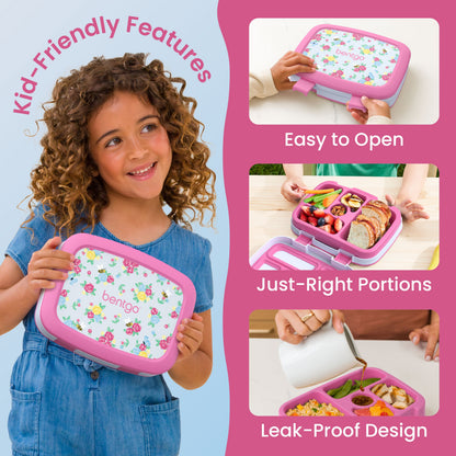 Bentgo Kids Prints Lunch Box - Blooming Floral | Kid-Friendly Features - Easy To Open, Just-Right Portions, Leak-Proof Design
