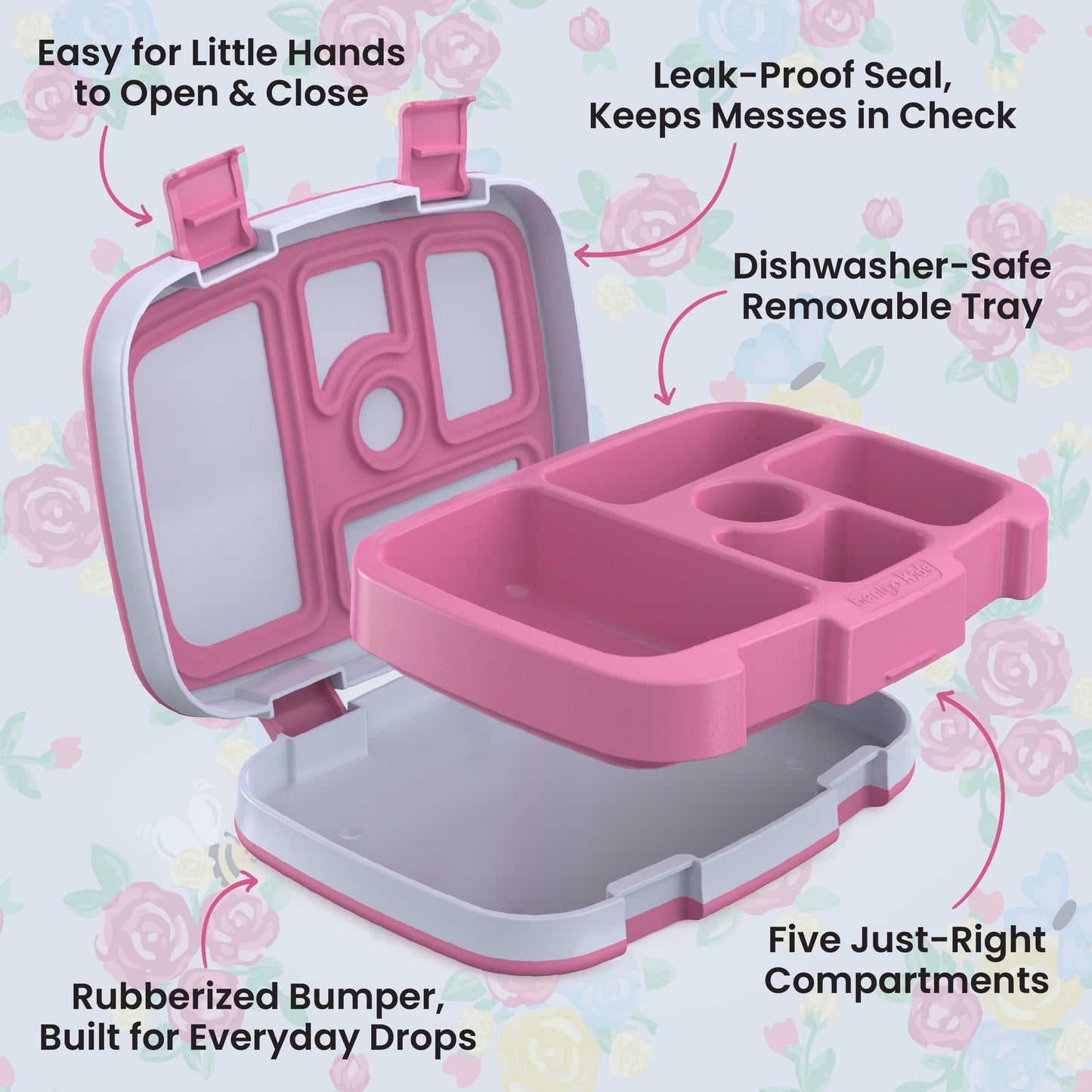 Bentgo Kids Prints Lunch Box - Blooming Floral | Easy For Little Hands To Open & Close, Leak-Proof Seal, Keeps Messes In Check, Dishwasher-Safe Removable Tray, Rubberized Bumper, Built For Everyday Drops, And Five Just-Right Compartments