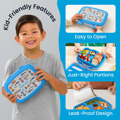 Bentgo Kids Prints Lunch Box - Race Cars | Kid-Friendly Features - Easy To Open, Just-Right Portions, Leak-Proof Design
