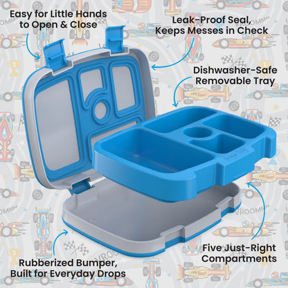 Bentgo Kids Prints Lunch Box - Race Cars | Easy For Little Hands To Open & Close, Leak-Proof Seal, Keeps Messes In Check, Dishwasher-Safe Removable Tray, Rubberized Bumper, Built For Everyday Drops, And Five Just-Right Compartments