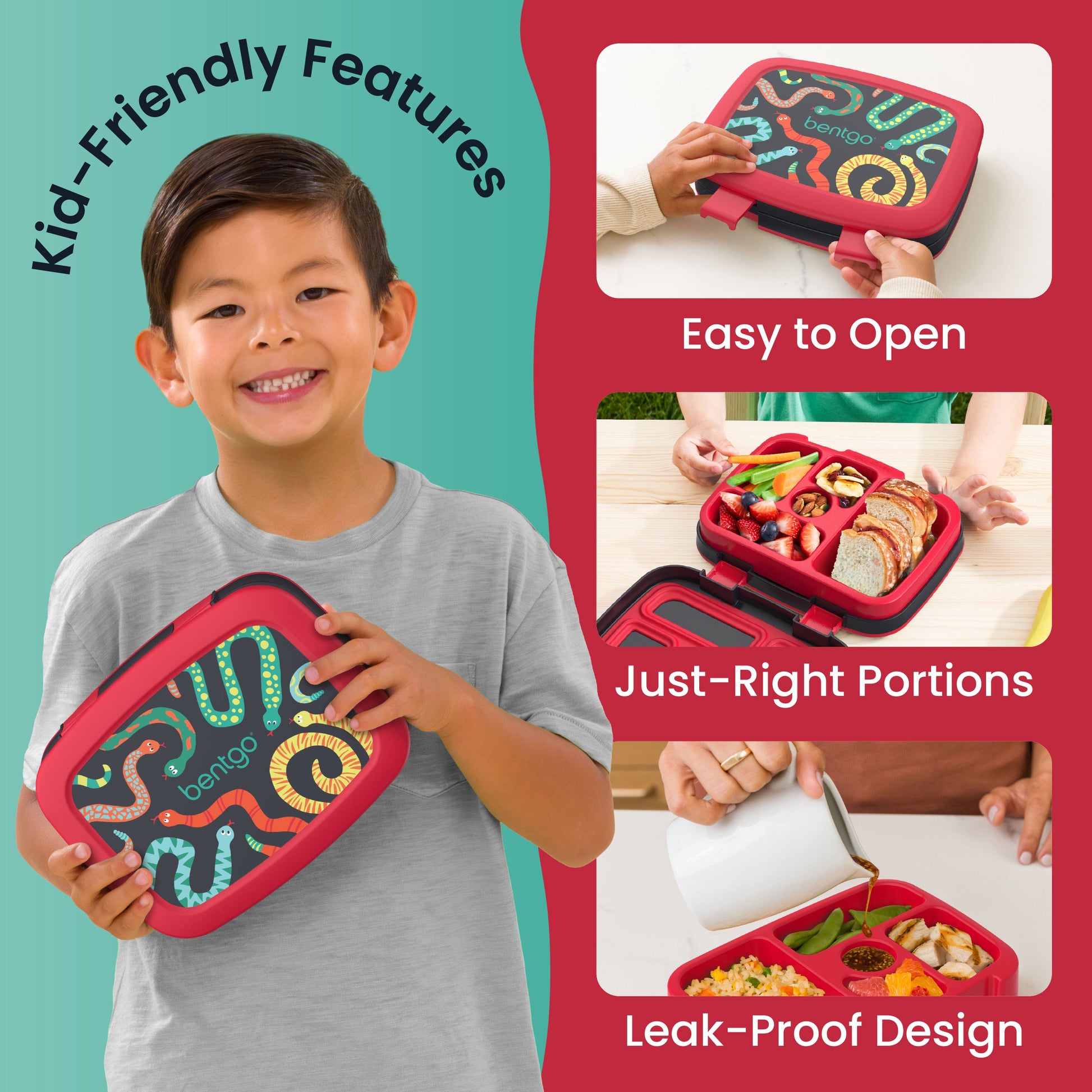 Bentgo Kids Prints Lunch Box - Sssnakes | Kid-Friendly Features - Easy To Open, Just-Right Portions, Leak-Proof Design