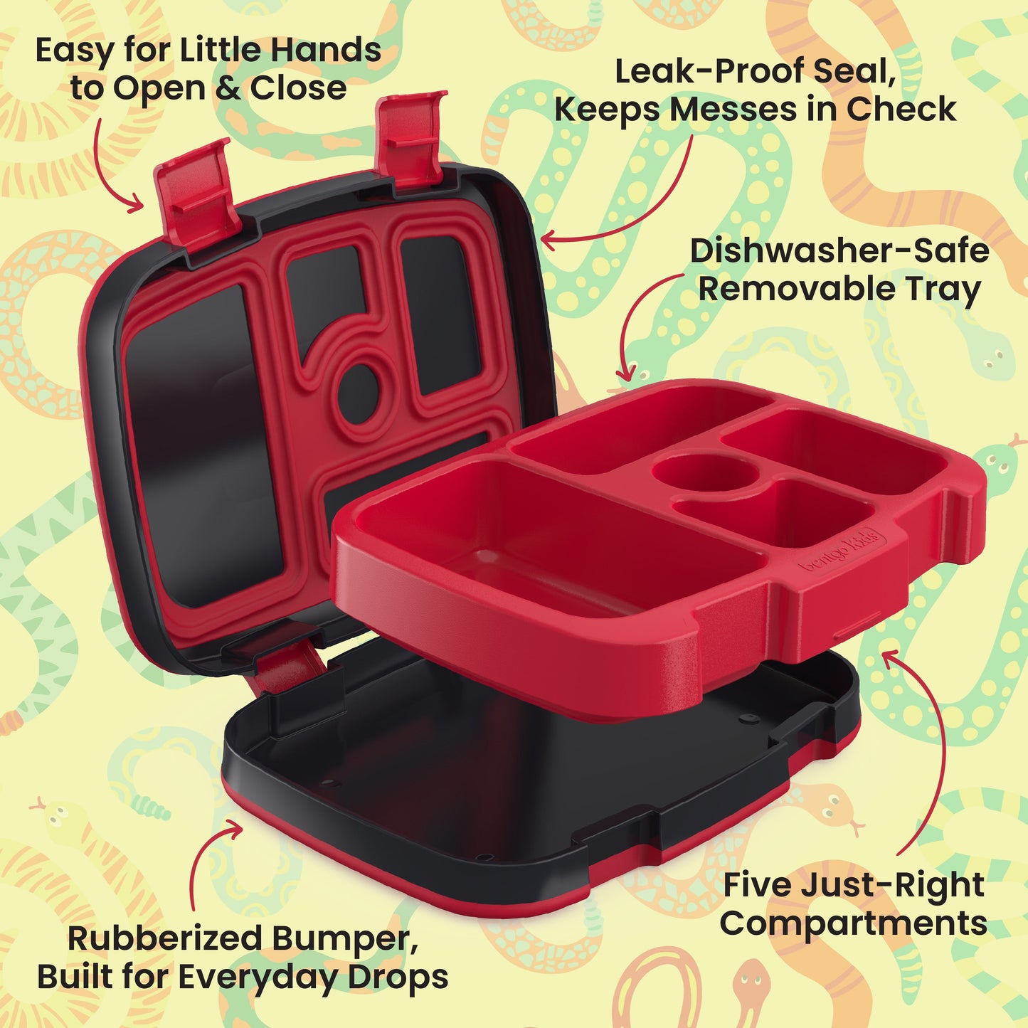 Bentgo Kids Prints Lunch Box - Sssnakes | Easy For Little Hands To Open & Close, Leak-Proof Seal, Keeps Messes In Check, Dishwasher-Safe Removable Tray, Rubberized Bumper, Built For Everyday Drops, And Five Just-Right Compartments