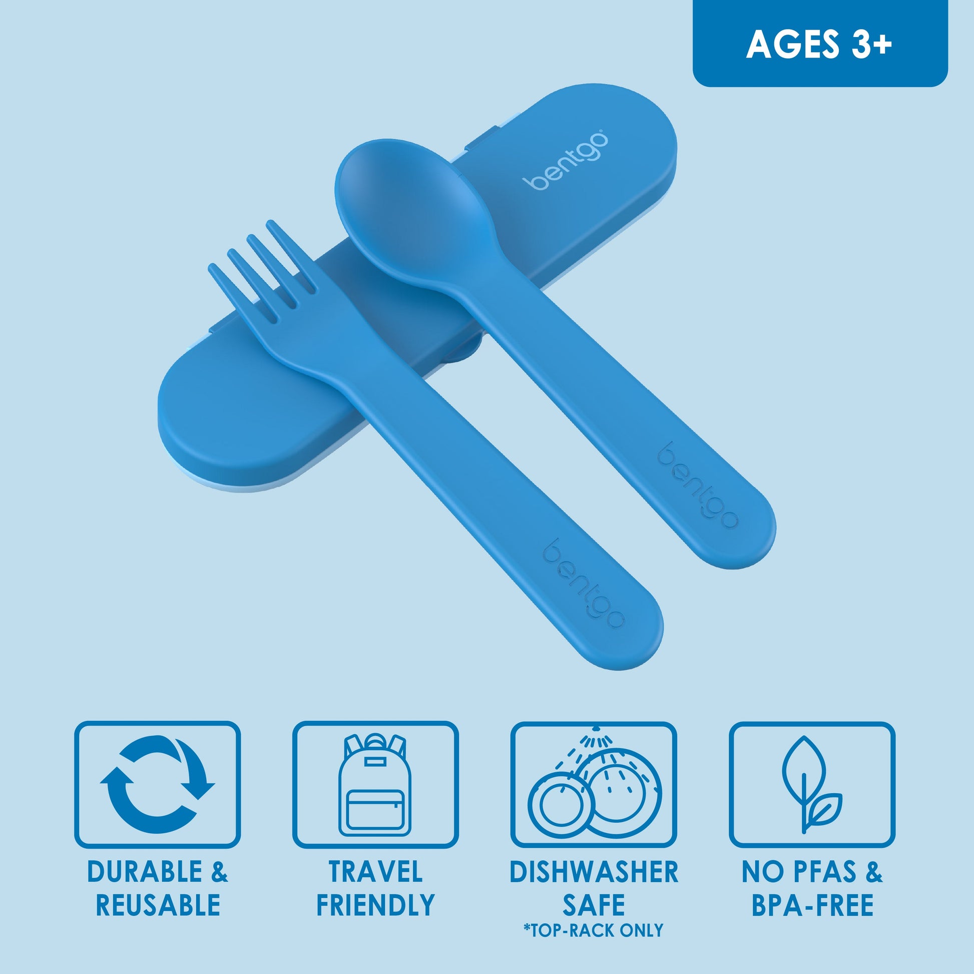 Bentgo® Kids Utensils Set - Blue| Ages 3+ | Durable & Reusable, Travel Friendly, Dishwasher Safe (Top-Rack Only), and No PFAS & BPA-Free