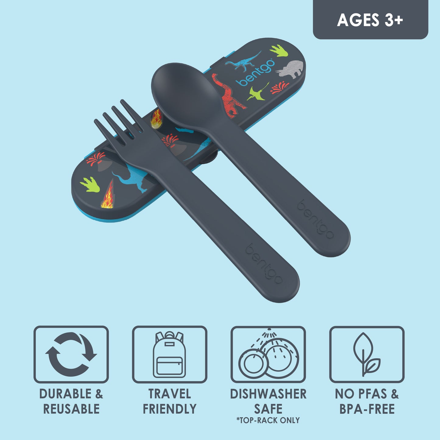 Bentgo® Kids Utensils Set - Dinosaur| Ages 3+ | Durable & Reusable, Travel Friendly, Dishwasher Safe (Top-Rack Only), and No PFAS & BPA-Free