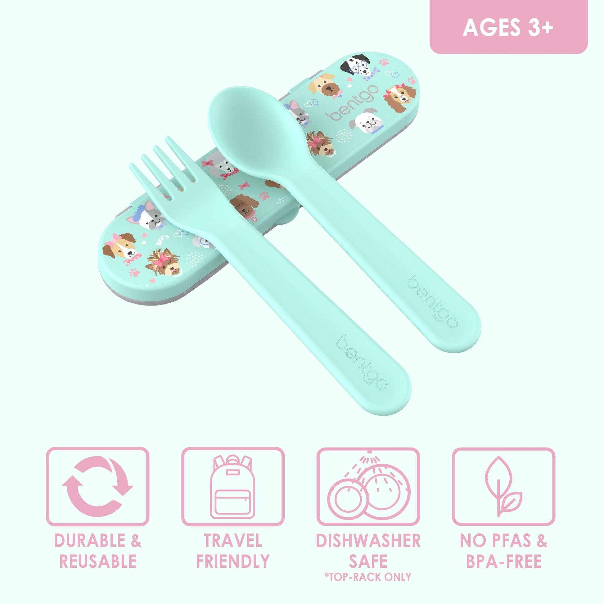 Bentgo® Kids Utensils Set - Puppy Love| Ages 3+ | Durable & Reusable, Travel Friendly, Dishwasher Safe (Top-Rack Only), and No PFAS & BPA-Free