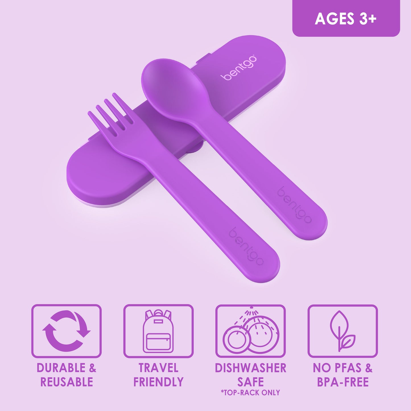 Bentgo® Kids Utensils Set - Purple| Ages 3+ | Durable & Reusable, Travel Friendly, Dishwasher Safe (Top-Rack Only), and No PFAS & BPA-Free