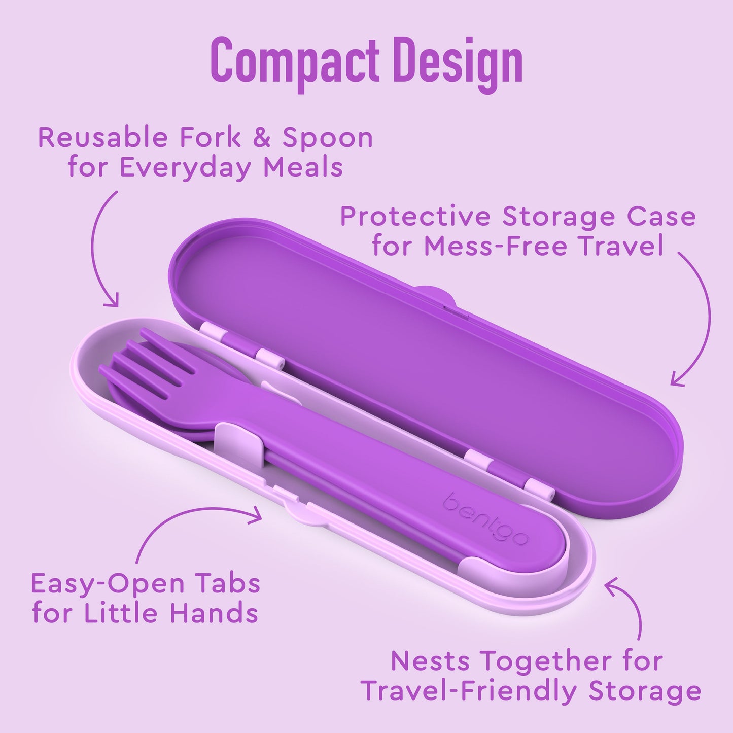 Bentgo® Kids Utensils Set - Purple| Compact Design - Reusable Fork & Spoon for Everyday Meals, Protective Storage Case for Mess-Free Travel, Easy-Open Tabs for Little Hands, and Nests Together for Travel-Friendly Storage